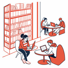 Students Studying Together in a Library with Laptops