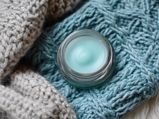 Winter Skincare Flatlay: Light Blue Moisturizer Balm in Glass Jar with Knitted Fabric