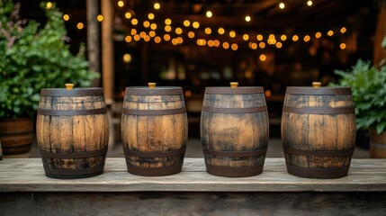 Four aged wooden barrels on a rustic table, bokeh lights in the background