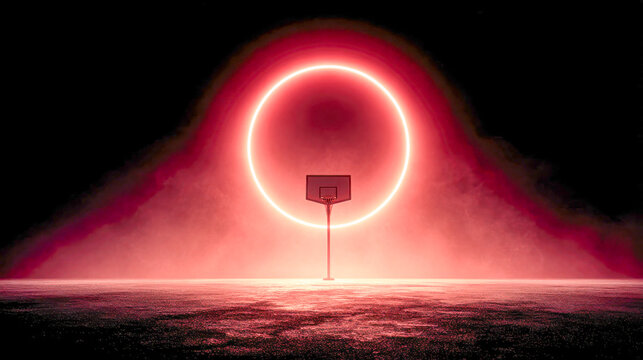 Minimalistic neon basketball hoop glowing with a red ring of light in a dark, atmospheric environment