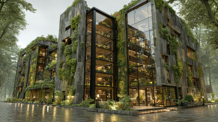 Eco-friendly office building covered in glass panels and abundant vertical greenery, blending seamlessly with the surrounding forest
