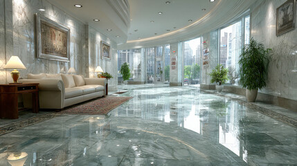 Luxurious lobby with marble floors and large windows showcasing a cityscape, furnished with a white sofa, side tables, and indoor plants