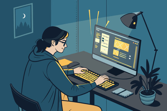 Vector illustration of a guy editing videos on a desktop computer, with neon glowing effects.