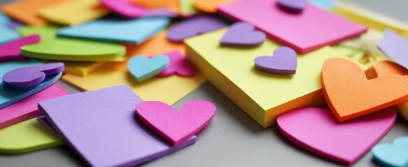 Fototapeta premium The colorful arrangement of sticky notes and heart-shaped paper pieces.