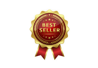 Golden best seller badge with red ribbon isolated on transparent background
