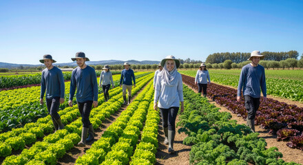 Diverse Farmers Harvesting Organic Greens in a Lush Field