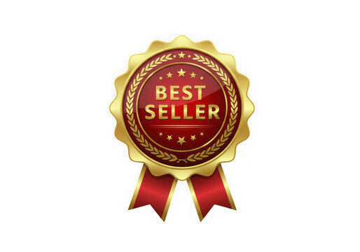 Golden best seller badge with red ribbon isolated on transparent background