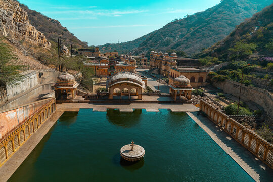 Galtaji, the Ancient Monkey Temple near Jaipur, Rajasthan. Sacred Hindu Site Nestled in the Aravalli Hills of India