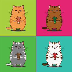Full Body Vector Illustration of a Cute Fat Tabby Cat Holding Food with Editable Whiskers