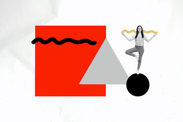 Collage design trend artwork 3D sketch of hurdle achieving problem escape challenge young woman stand geometric figure ball triangle