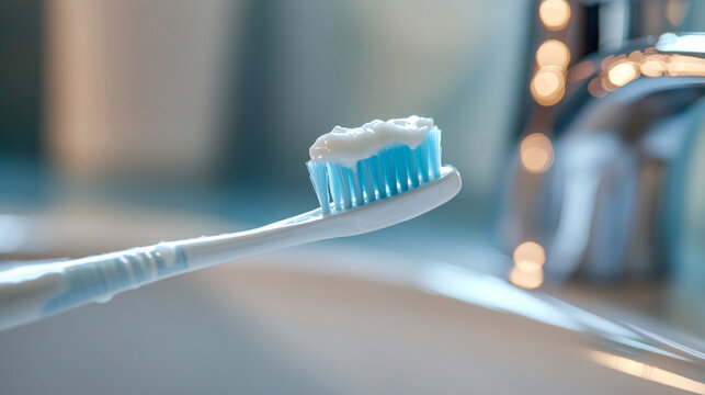 close-up of toothbrush and toothpaste on sink edge, morning hygiene moment