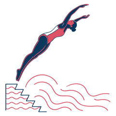 Woman Diving into Water: Red and Blue Illustration