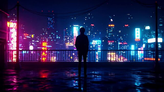 Relaxing AI-generated anime manga lofi nighttime cityscape video loop with sad person standing on rooftop, rain reflections, neon urban lights, dreamy bokeh, ultra-detailed hyper-realistic 4K