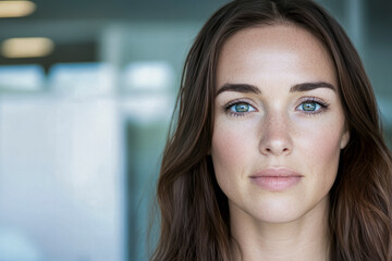 Confident businesswoman posing in office setting with focused expression