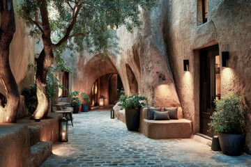 Charming stone alley with olive tree and warm lighting in luxury hotel