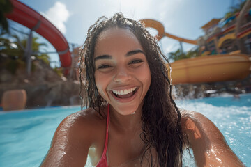 Happy tourist enjoying swimming pool in water park on summer vacation