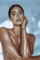 Beautiful asian model posing with glowing skin for beauty campaign