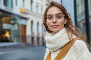 Young stylish businesswoman walking in the city wearing eyeglasses and winter clothes