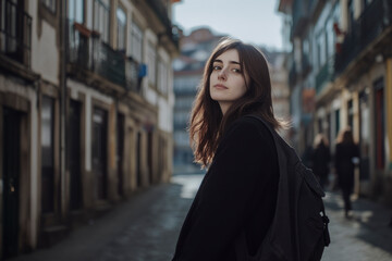 Young woman walking down street in european city with backpack