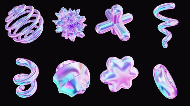 Abstract 3D set of holographic iridescent metal shapes rotation on alpha. Vibrant futuristic objects pack, motion looped animation design