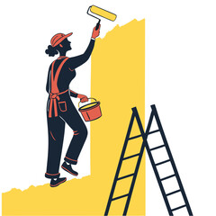 Woman Painter on Ladder Painting Yellow Wall