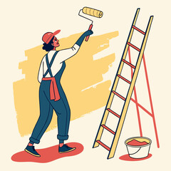 Woman Painter Working on a Wall with Paint Roller and Ladder