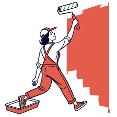 Woman Painting a Wall with Red Paint Roller