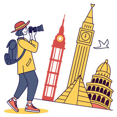 Woman Photographer Exploring Landmarks: A Colorful Travel Illustration