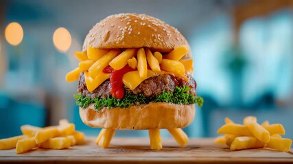 Adorable burger on potato legs dances against the background of a blurry cafe. Unusual and funny scene for marketing or animation. effect for attention grabbing and humorous videos.