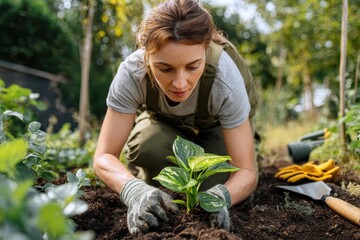 Woman planting a green sprout in loose soil with hands, full-body scene surrounded by foliage, trowel, gloves, and peaceful outdoor light