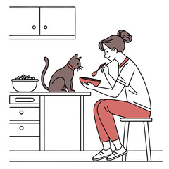 Woman Sharing Meal with Cat in Kitchen