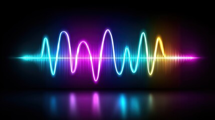 A bright neon soundwave with smooth colorful curves and glowing lights over a black reflective surface