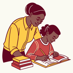 Woman Tutoring Girl on Homework at Home