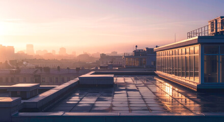 City Rooftop at Sunrise: Urban Architecture and Skyline Views
