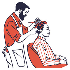 Barber Giving Haircut to a Man in Red and White Striped Shirt