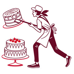 Baker Carrying a Large Cake in Maroon and White Line Art Illustration