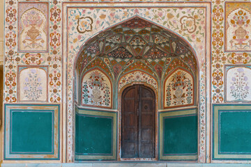 Amber Fort, Intricate Architectural Details of the Historic Rajput Fortress in Jaipur, Rajasthan, India. Ornate Carvings and Colorful Frescoes of a UNESCO World Heritage Site.