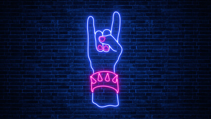 neon lights rock and roll hand gesture sign on brick wall, metal music bar and club signboard social media design element © AIDIN