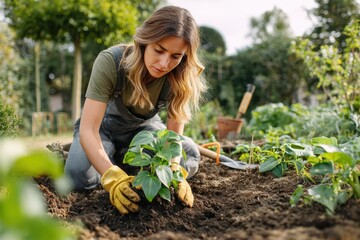 Hands-on gardening in full-body frame, woman planting into earth without tools, gloves and trowel resting on grass, sunny outdoor garden scene