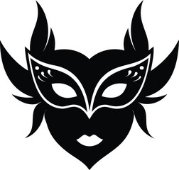 A sophisticated, stylized black silhouette of a Venetian mask.