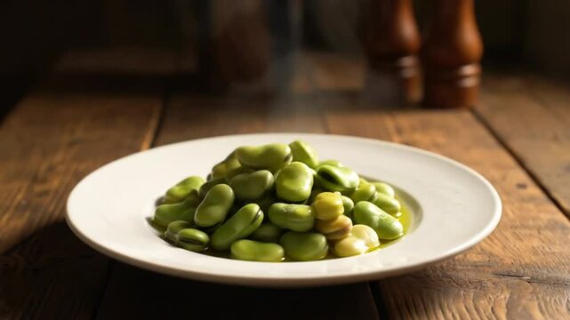 Plate of steaming fava beans with oil on a wooden table with pepper grinders in the background