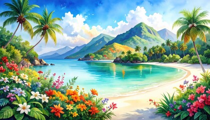 A vibrant tropical beach with lush flowers and calm waters symbolizing paradise, biodiversity, and the ideal retreat for relaxation and nature lovers. Watercolor picture.