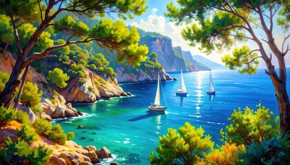 Sunny coastal bay with sailboats and pine trees presenting idyllic Mediterranean vacation, sailing adventure, and romantic nature getaway. Watercolor picture.