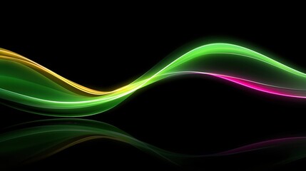 Smooth glowing neon lines in green, yellow, and pink forming wave shapes over a dark background with reflections