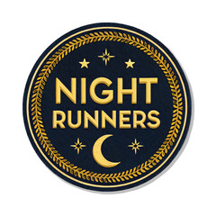 Nighttime image featuring runners in a circle, illuminated by a crescent moon; possibly a patch or logo design.