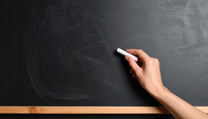 Hand holding chalk against a clean blackboard, symbolizing education, preparation, teaching, or back-to-school themes