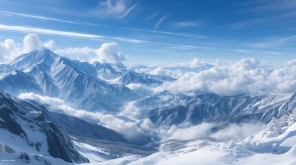 High view of snowy mountain range with clouds and clear blue sky, showing a peaceful winter landscape