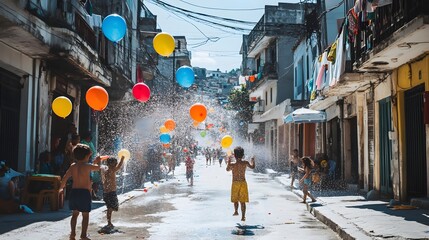 Obraz premium Children playing in a city street with water and balloons.