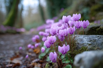 A cluster of delicate purple cyclamen flowers bloom near a woodland path, their petals unfurling