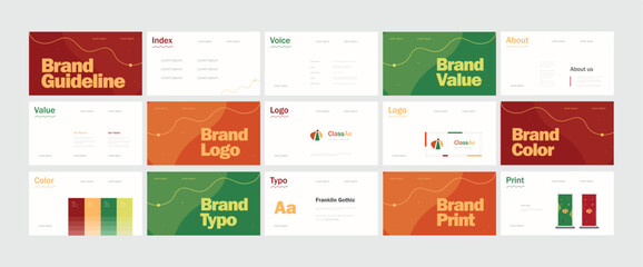 Brand guidelines template, Landscape brand identity presentation, Red orange and green, modern and clean design, Logotype guidelines template for education, nonprofit, creative agency